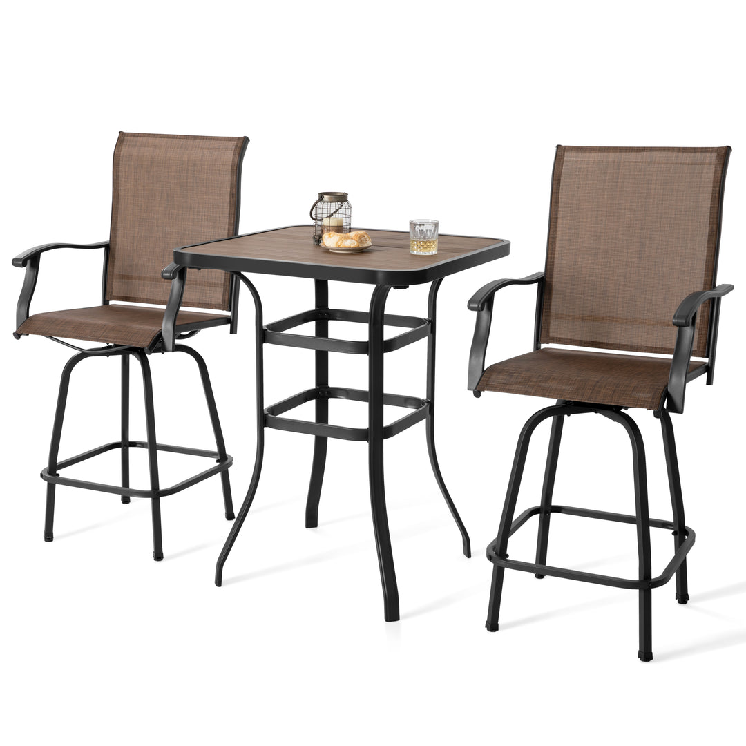 Patio Textilene Bar Set of 3, Height Back Bar Chairs and Faux Wood Tabletop