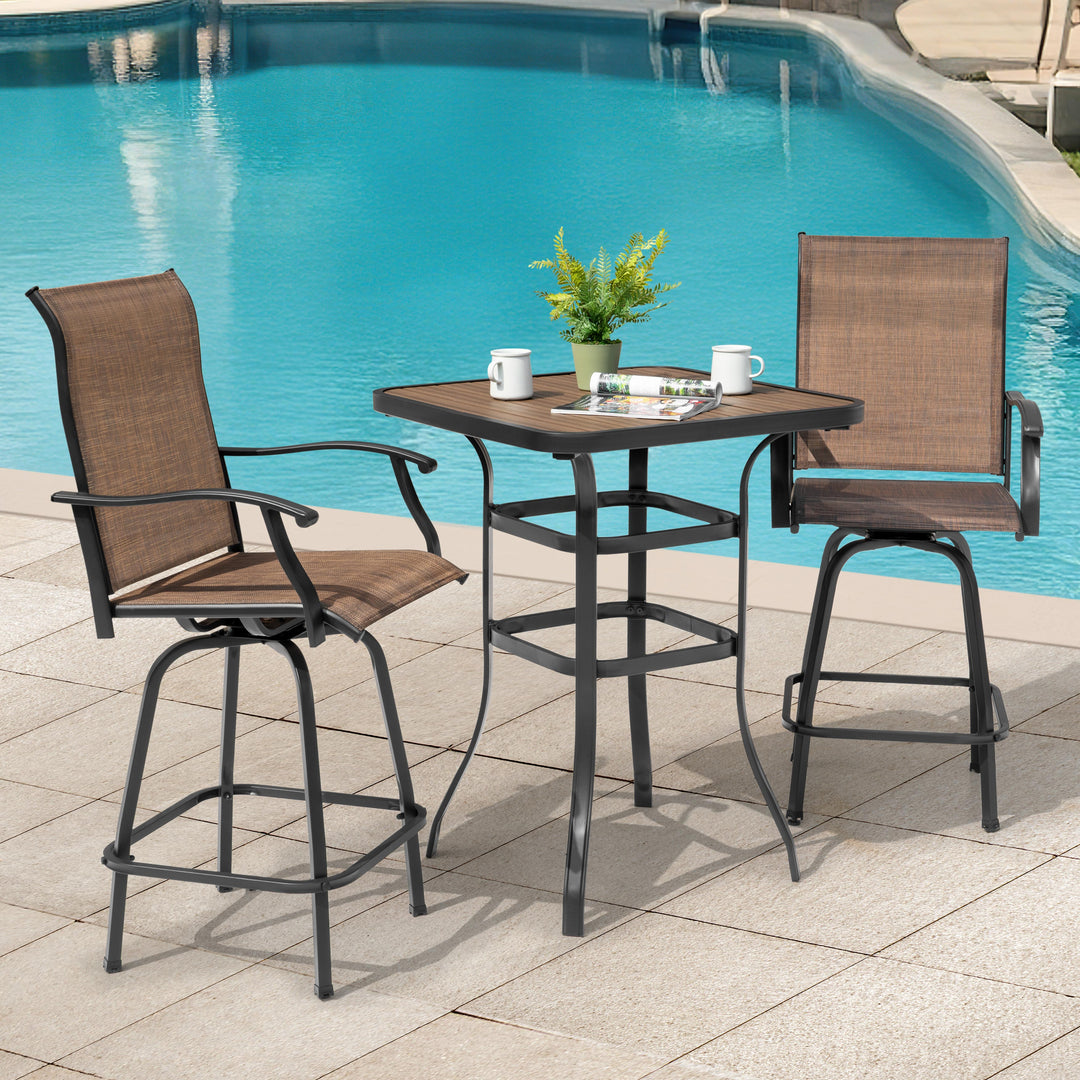 Patio Textilene Bar Set of 3, Height Back Bar Chairs and Faux Wood Tabletop