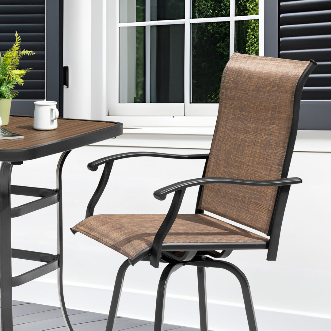 Patio Textilene Bar Set of 3, Height Back Bar Chairs and Faux Wood Tabletop