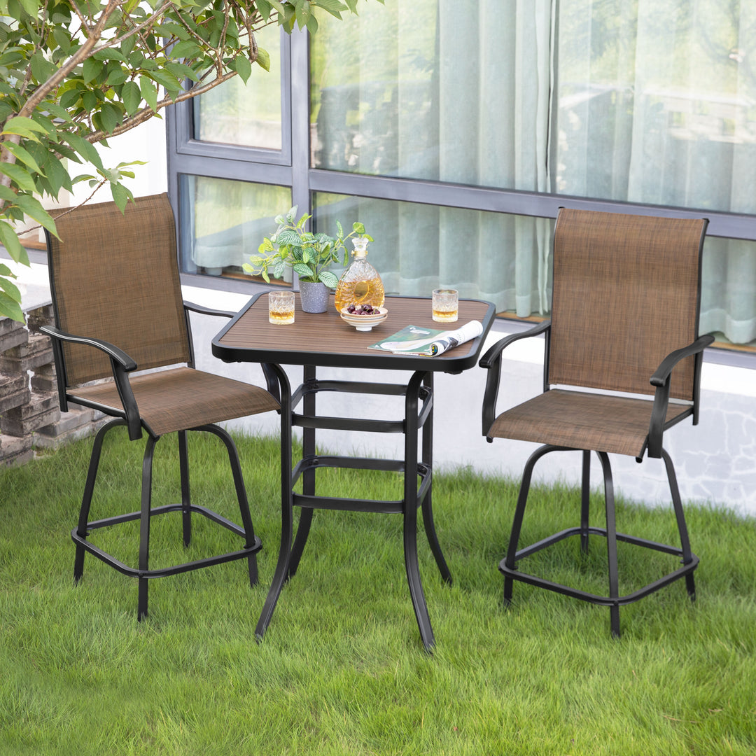 Patio Textilene Bar Set of 3, Height Back Bar Chairs and Faux Wood Tabletop