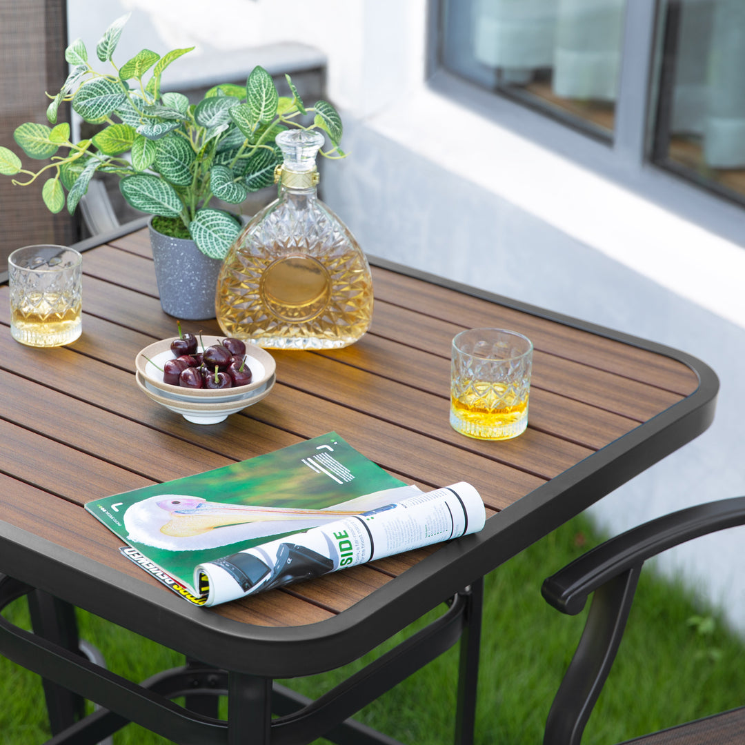 Patio Textilene Bar Set of 3, Height Back Bar Chairs and Faux Wood Tabletop