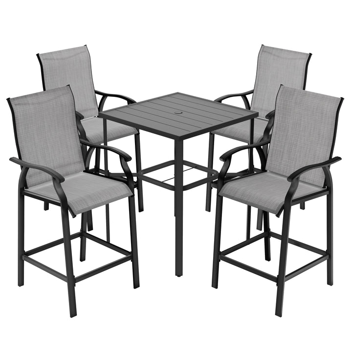 Outdoor 5-Piece Textilene Bar Set, Height Back Bar Stools and Umbrella Hole
