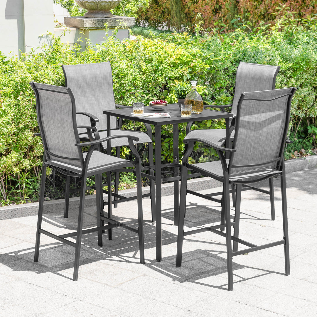 Outdoor 5-Piece Textilene Bar Set, Height Back Bar Stools and Umbrella Hole