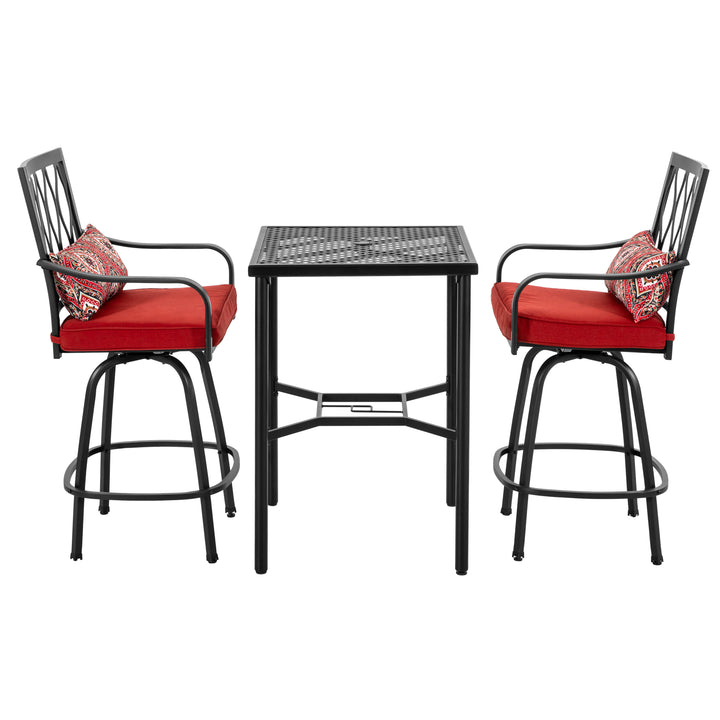 Outdoor 3PCS Metal Swivel Bar Set with Umbrella Hole and Padded Cushions