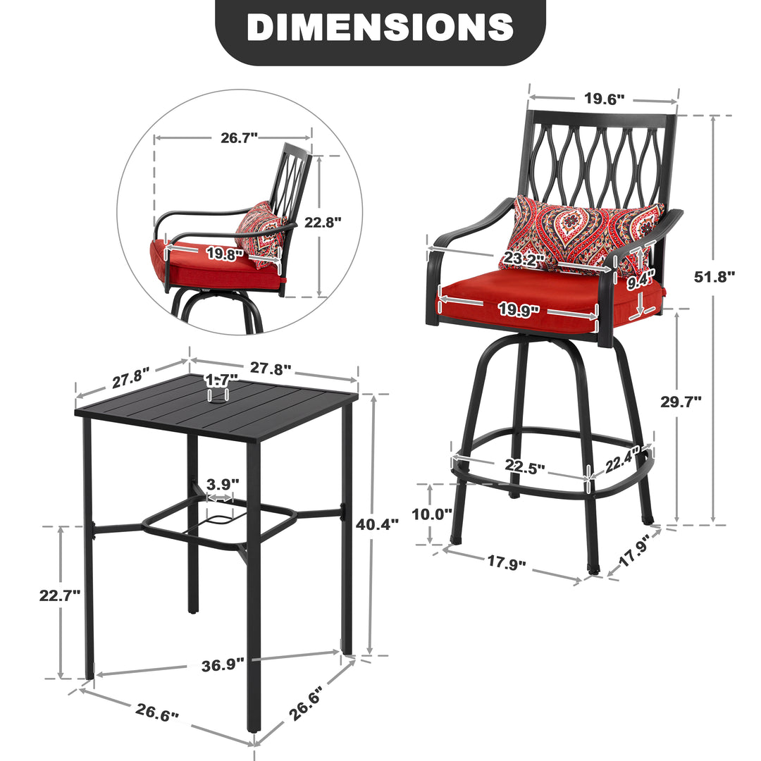 Outdoor 3-Piece Metal Bar Set, Swivel Bar Stools with Cushions and Pillows