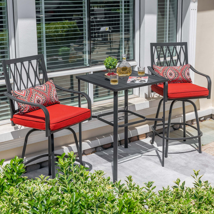 Outdoor 3-Piece Metal Bar Set, Swivel Bar Stools with Cushions and Pillows