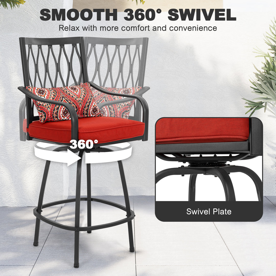 Outdoor 3-Piece Metal Bar Set, Swivel Bar Stools with Cushions and Pillows