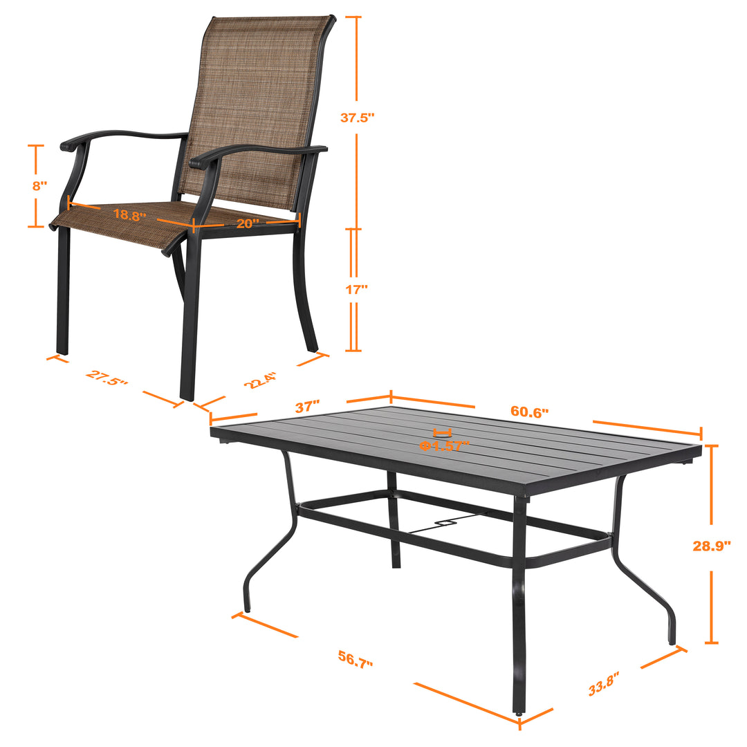 7 Pieces Patio Dining Set, All-Weather Outdoor Furniture for Garden, Backyard / 6 Dining Chairs & 1 Rectangle Steel Dining Table with Umbrella Hole