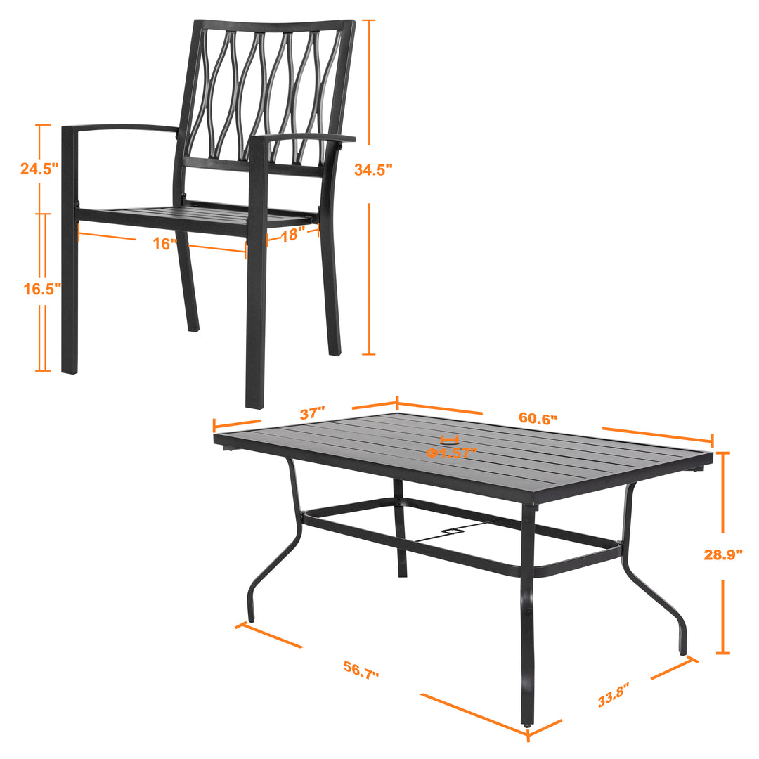 7 Pieces Metal Patio Armrest Dining Chairs and Square Table Set, 60 Inch Rectangle Bistro Table with Umbrella Hole and 6 Backyard Garden Chairs