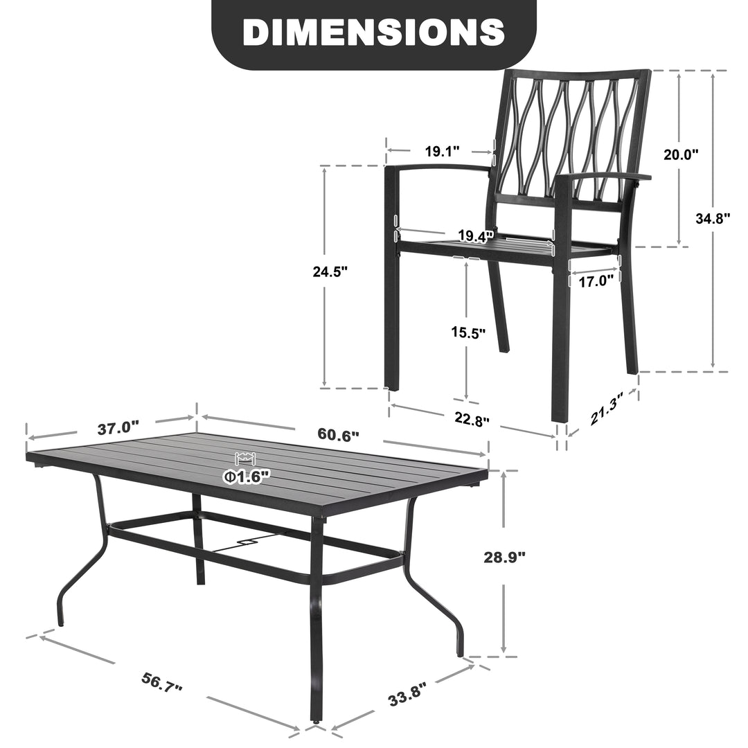 7-Piece Patio Dining Set, 6 Dining Chairs and 61'' x 37'' Rectangle Dining Table with 1.57'' Umbrella Hole, Powder-coated Iron Frame, for Outdoor and Indoor Space, Patio, Deck, Garden, Backyard, Black