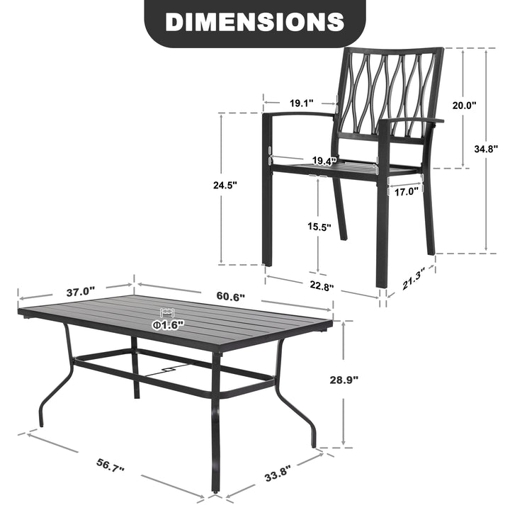 7-Piece Patio Dining Set, 6 Dining Chairs and 61'' x 37'' Rectangle Dining Table with 1.57'' Umbrella Hole, Powder-coated Iron Frame, for Outdoor and Indoor Space, Patio, Deck, Garden, Backyard, Black