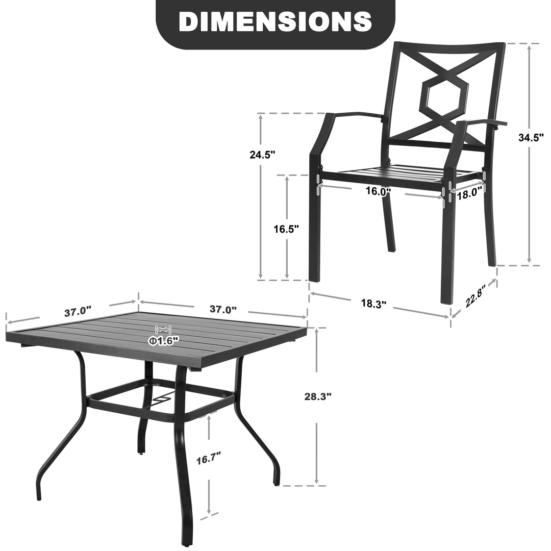5 Piece Metal Patio Dining Set Wrought Iron Patio Furniture, 4 Stackable Patio Chairs and Square Patio Dining Table with 1.57 Inch Umbrella Hole for Lawn, Backyard, Balcony, Black