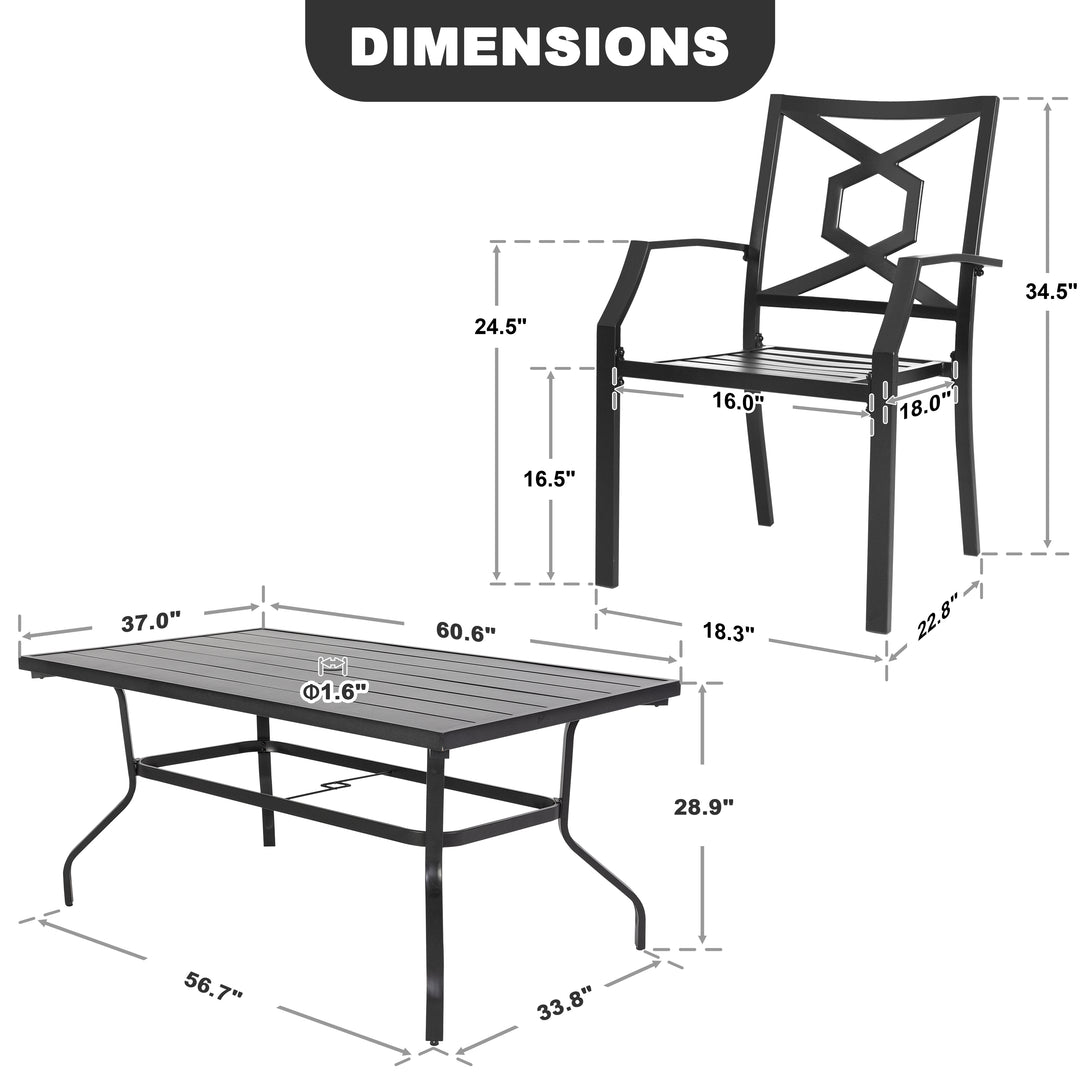 7 Piece Metal Patio Dining Set Wrought Iron Patio Furniture, 6 Stackable Patio Chairs and Rectangle Patio Dining Table with 1.57 Inch Umbrella Hole