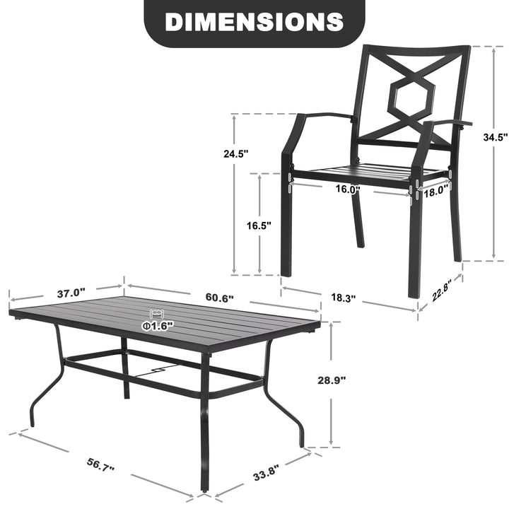 7 Piece Metal Patio Dining Set Wrought Iron Patio Furniture, 6 Stackable Patio Chairs and Rectangle Patio Dining Table with 1.57 Inch Umbrella Hole