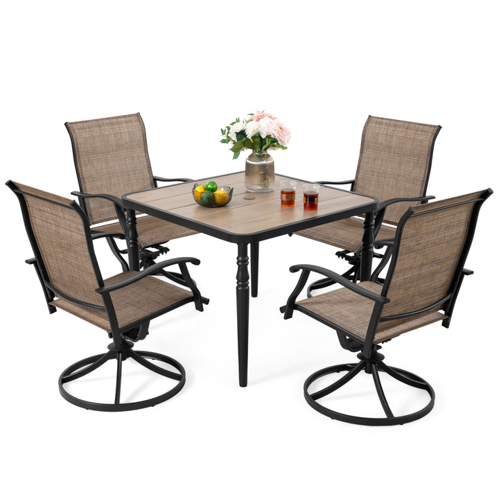 Patio Textilene Dining Table Set of 5 with Umbrella Hole and Swivel Chairs