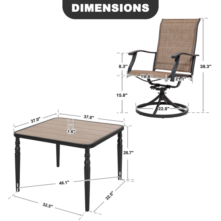 Patio Textilene Dining Table Set of 5 with Umbrella Hole and Swivel Chairs