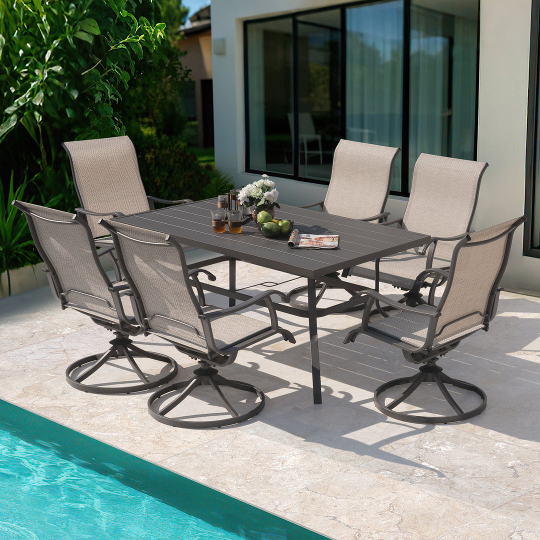 gray patio dining sets with table umbrella hole Patio 7 Pieces Textilene Dining Set with Swivel Design, Umbrella Hole – Nuu Garden