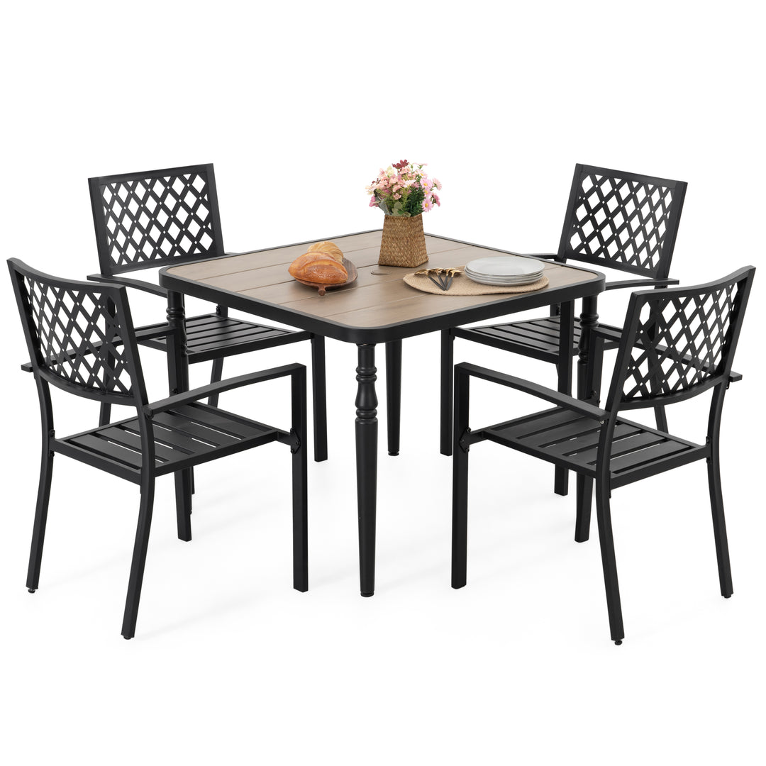 5PCS Patio Metal Dining Set with Wood-Grain Tabletop and Umbrella Hole
