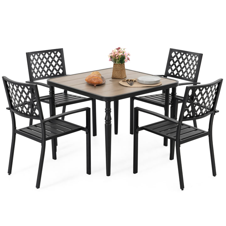 5PCS Patio Metal Dining Set with Wood-Grain Tabletop and Umbrella Hole