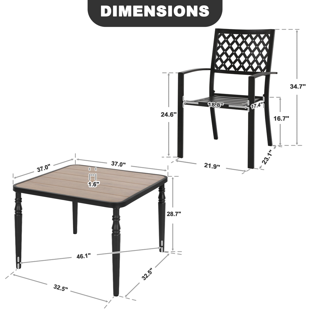 5PCS Patio Metal Dining Set with Wood-Grain Tabletop and Umbrella Hole