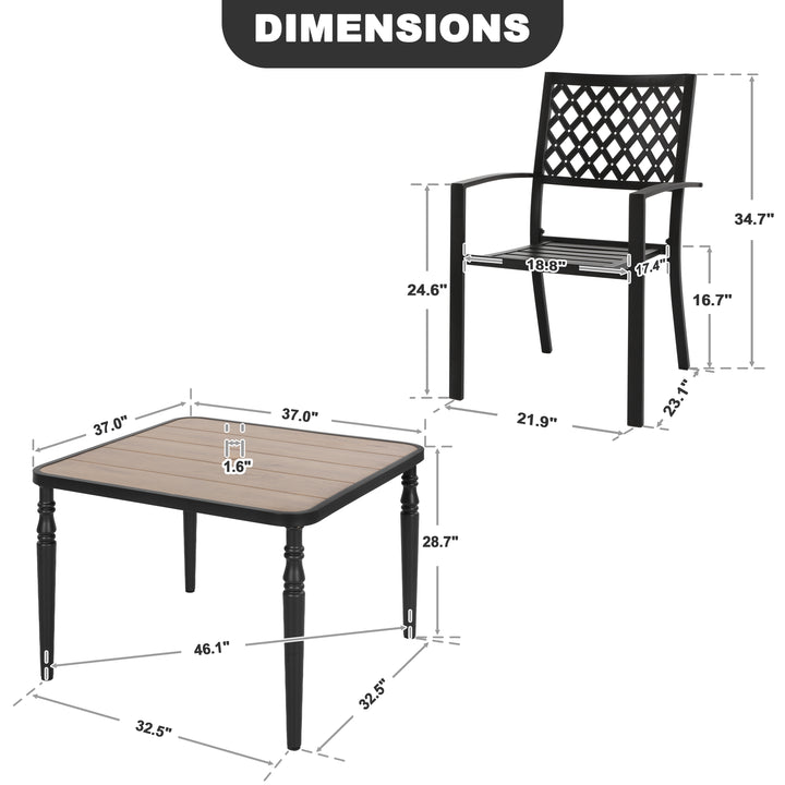 5PCS Patio Metal Dining Set with Wood-Grain Tabletop and Umbrella Hole