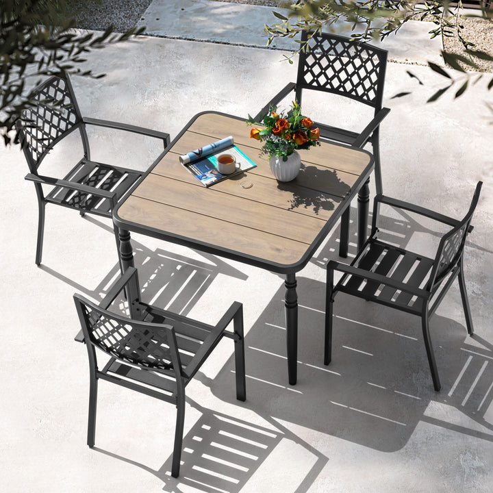 5PCS Patio Metal Dining Set with Wood-Grain Tabletop and Umbrella Hole