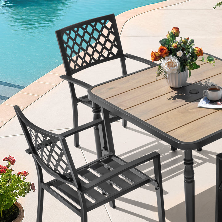 5PCS Patio Metal Dining Set with Wood-Grain Tabletop and Umbrella Hole