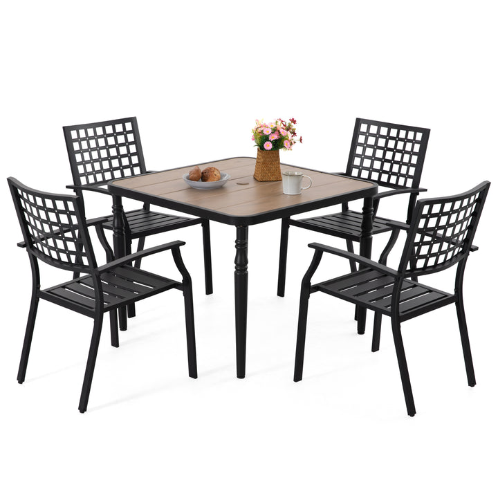 5-Piece Metal Outdoor Dining Set with Wood-Grain Tabletop and Umbrella Hole
