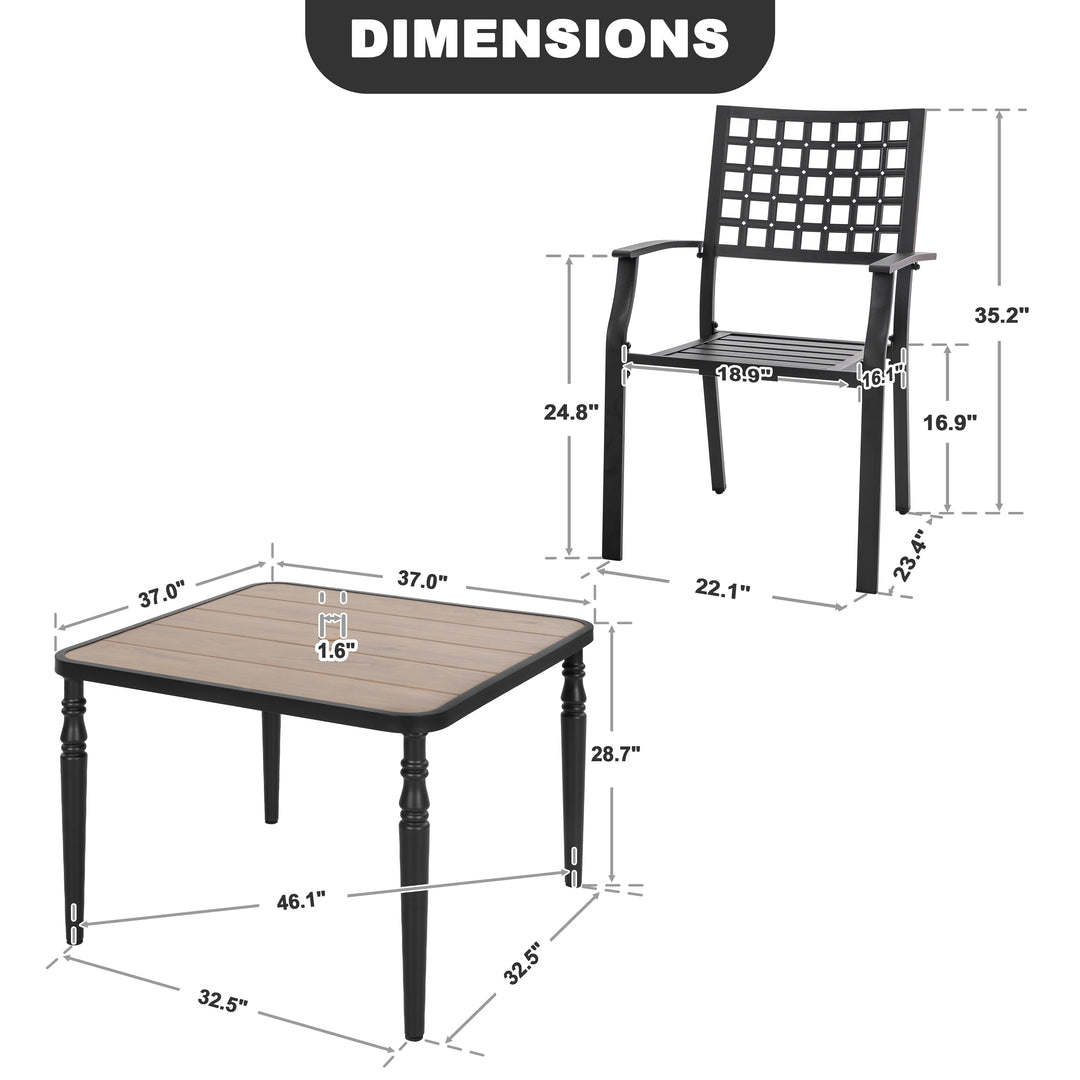 5-Piece Metal Outdoor Dining Set with Wood-Grain Tabletop and Umbrella Hole