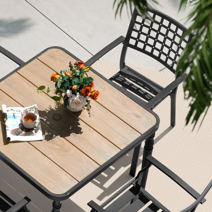 5-Piece Metal Outdoor Dining Set with Wood-Grain Tabletop and Umbrella Hole