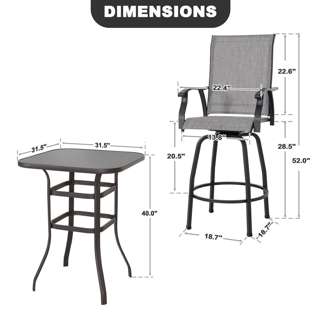 Outdoor 3-Piece Textilene Bar Set, Swivel Bar Stools and Bar Table, Gray