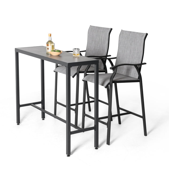 3-Piece Patio Bar Set, All-Weather Textilene Fabric, Outdoor 3D-Print Tempered Glass High Bar Table Set