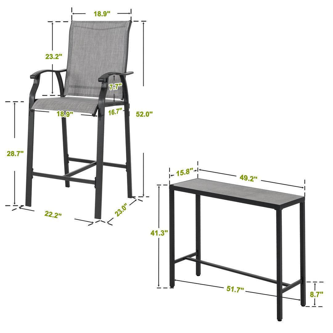 3-Piece Patio Bar Set, All-Weather Textilene Fabric, Outdoor 3D-Print Tempered Glass High Bar Table Set