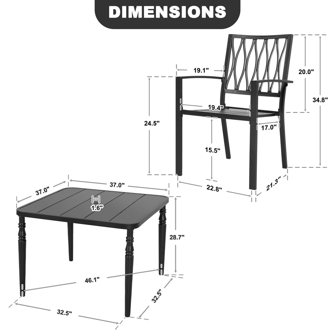 Patio Metal Dining Set with 4 Stackable Chairs and Umbrella Hole, Black
