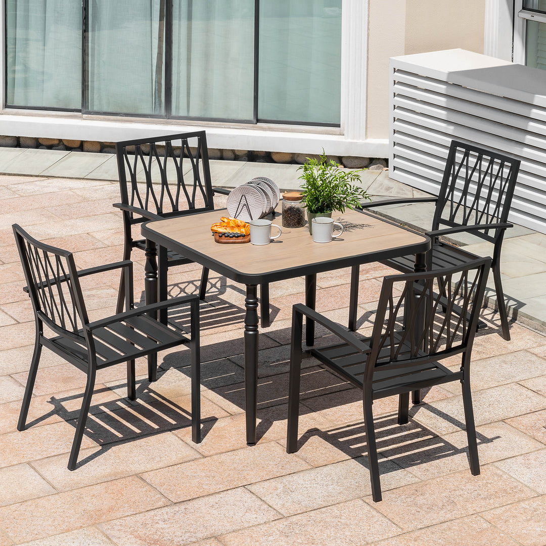 5PCS Patio Stackable Dining Set, Umbrella Hole and Wood-Grain Tabletop