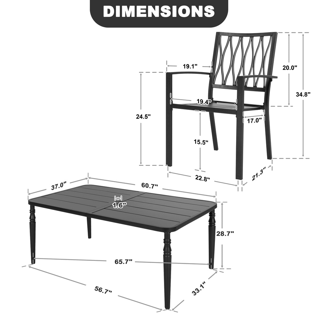 Patio Metal Dining Set with 6 Stackable Chairs and Umbrella Hole, Black