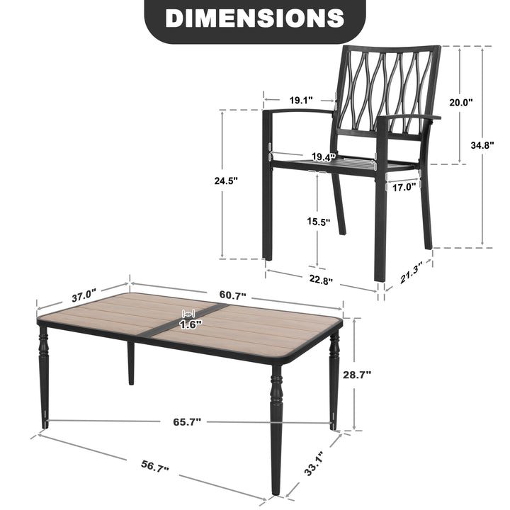 Patio Metal Dining Set of 7, with 6 Chairs and a Rectangular Table