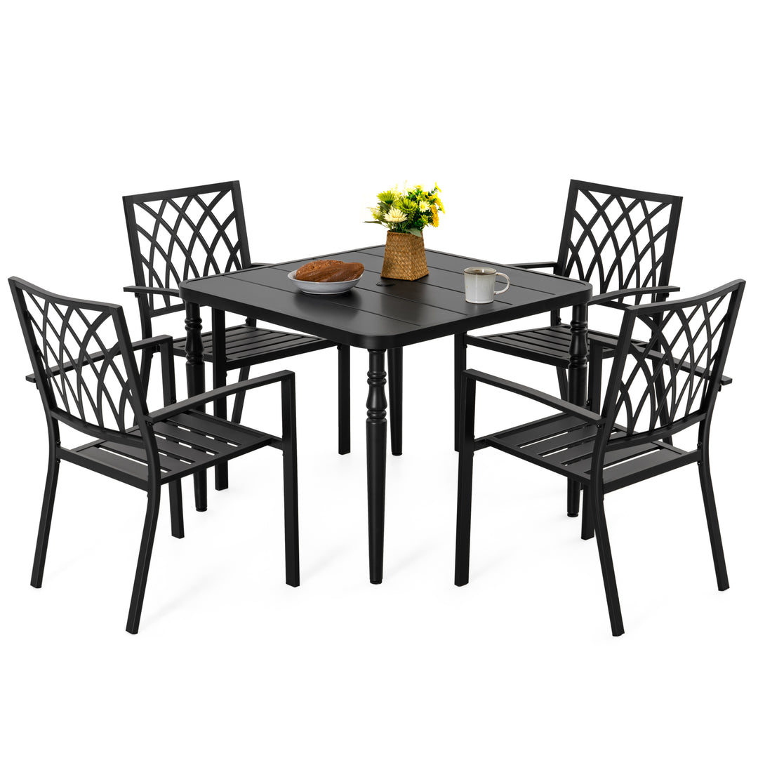 5PCS Patio Dining Set with 4 Stackable Chairs and Umbrella Hole, Black
