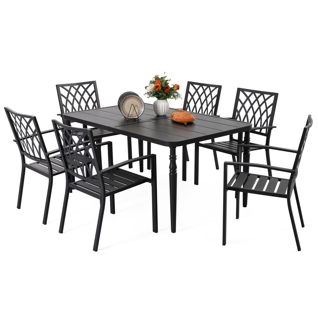 Patio Metal Dining Set with 6 Stackable Chairs and Umbrella Hole, Black