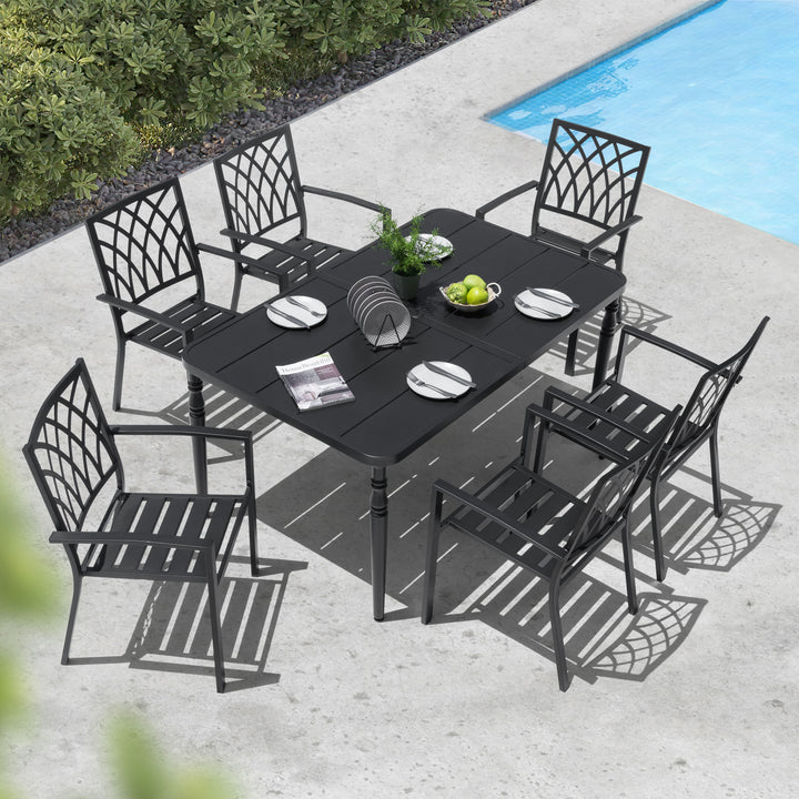 Patio Metal Dining Set with 6 Stackable Chairs and Umbrella Hole, Black