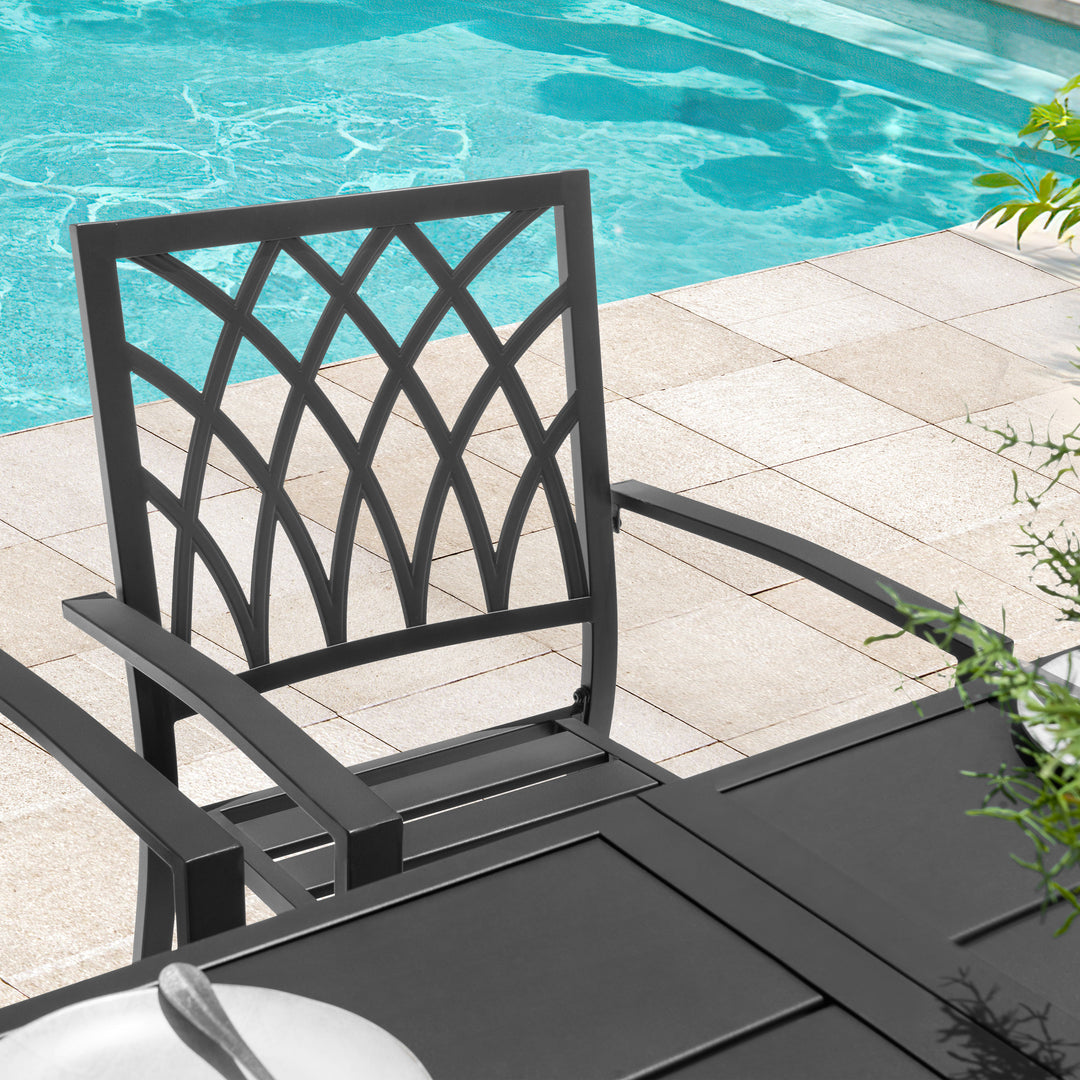 Patio Metal Dining Set with 6 Stackable Chairs and Umbrella Hole, Black