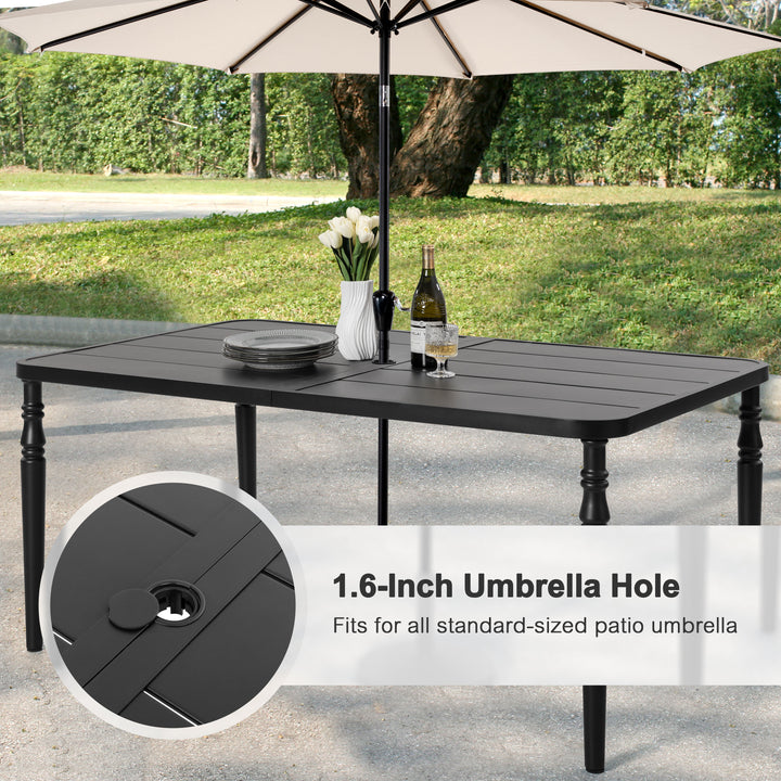 Patio Metal Dining Set with 6 Stackable Chairs and Umbrella Hole, Black