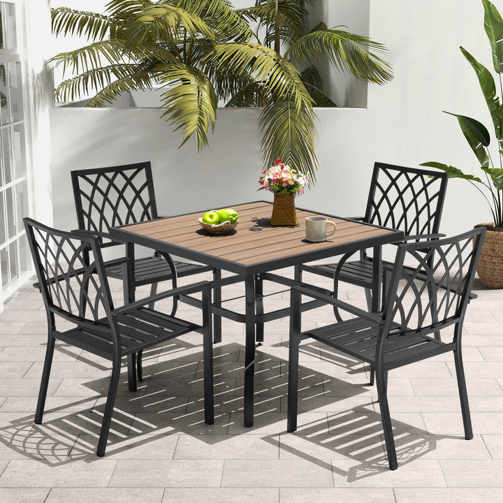 5PCS Patio Metal Dining Set with Umbrella Hole and Faux Wood Tabletop