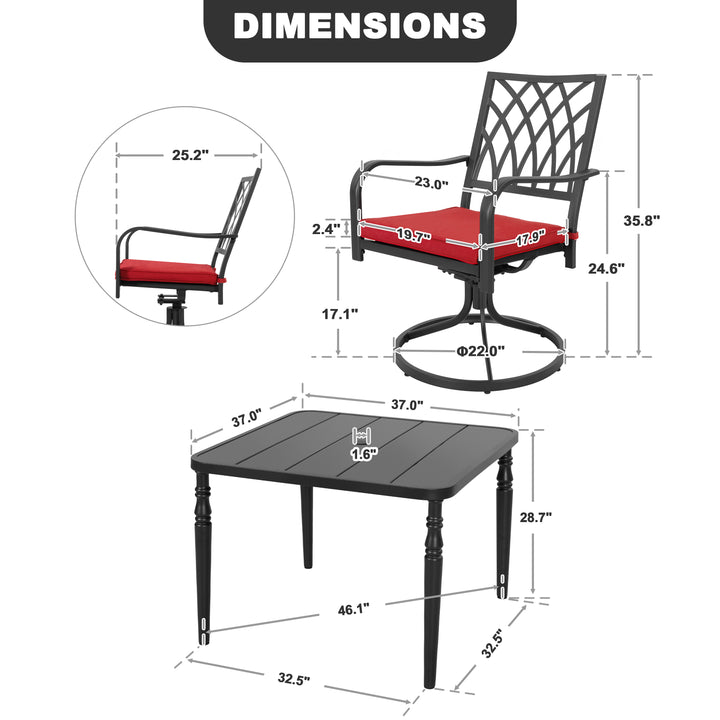 Patio Metal Swivel Dining Set of 5 with Zippered Cushions and Umbrella Hole