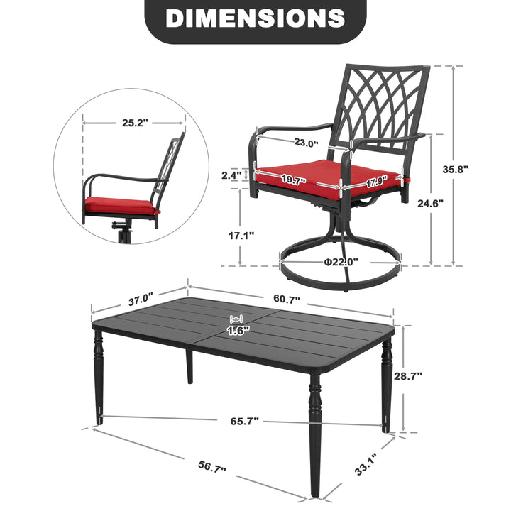 Patio Metal Swivel Dining Set of 7 with Zippered Cushions and Umbrella Hole