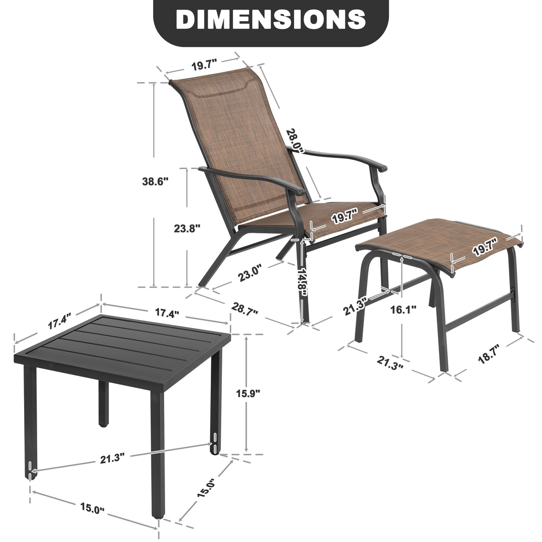 3-Piece Textilene Patio Chaise Lounge Set with Ottoman and Side Table