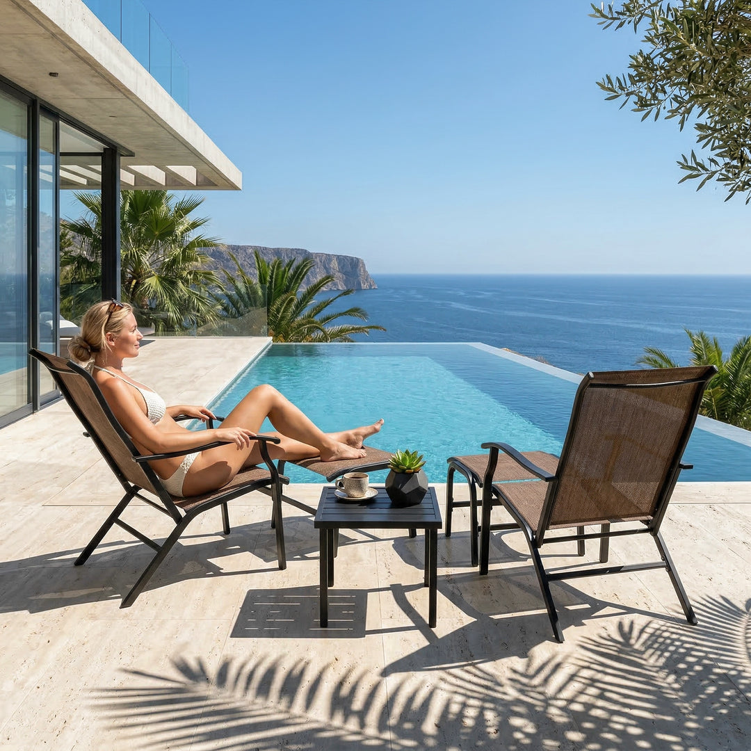 3-Piece Textilene Patio Chaise Lounge Set with Ottoman and Side Table