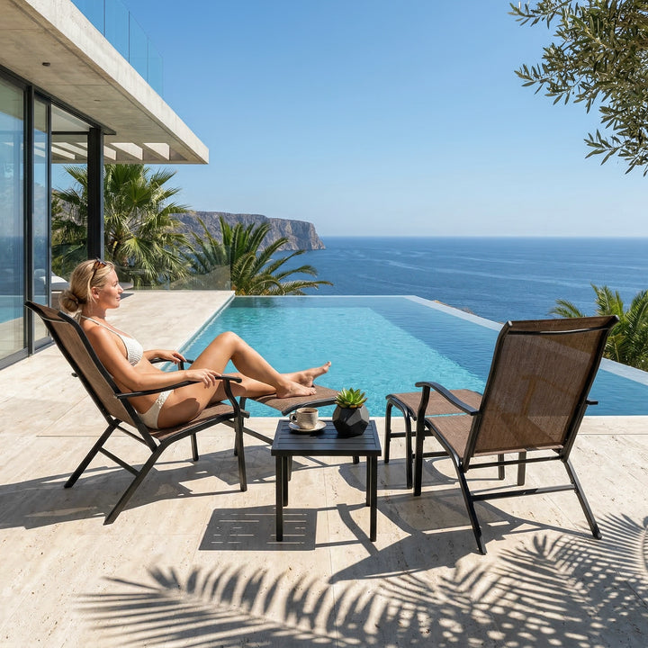 3-Piece Textilene Patio Chaise Lounge Set with Ottoman and Side Table
