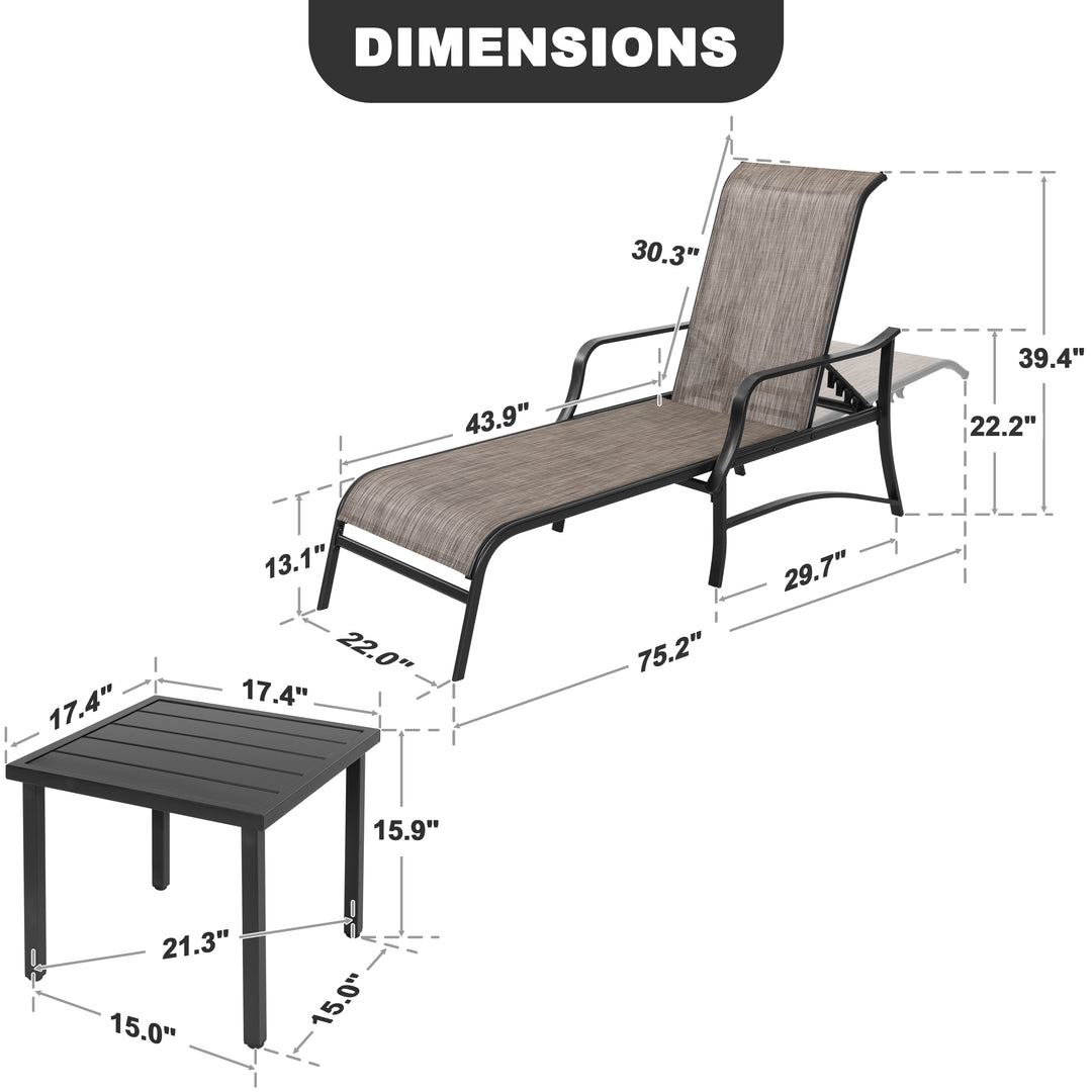 3-Piece Patio Chaise Lounge Set, Textilene Patio Chaise Lounges, Side Table