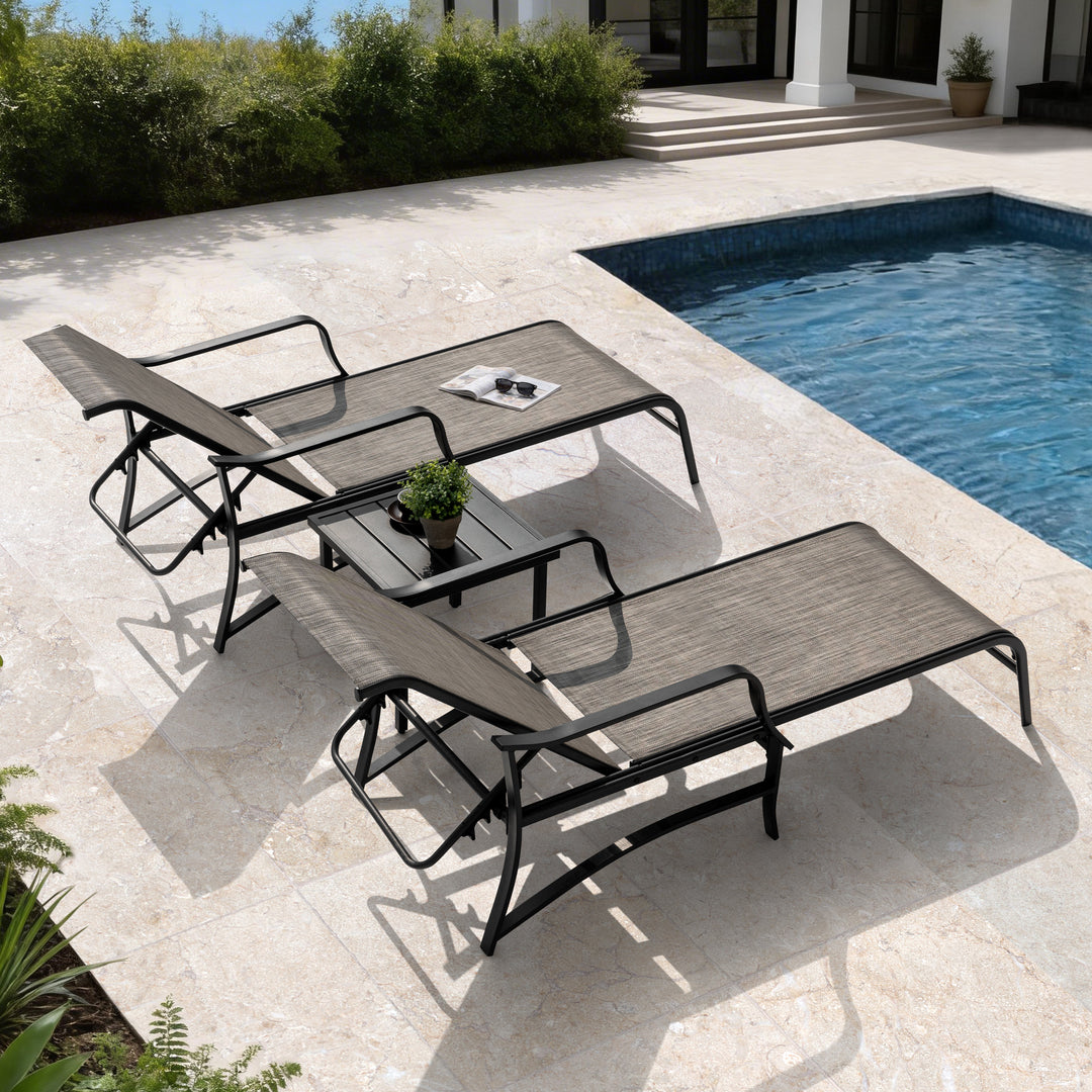 3-Piece Patio Chaise Lounge Set, Textilene Patio Chaise Lounges, Side Table